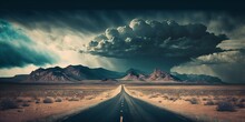 Road In The Desert With Stormy Clouds. Generative AI