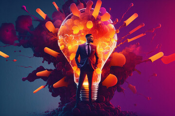 Wall Mural - bright idea and creative thinking, visualization of brainstorming, a colorful glowing idea bulb lamp, successful modern businessman, fictional person created with generative ai