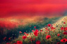 A Dirt Road Surrounded By A Field Of Red Flowers And A Blue Sky With Clouds In The Background And A Gravel Path Leading To A Field Of Poppies In The Foreground. Generative Ai