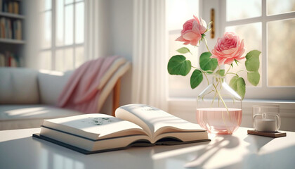 An open book, pink fragrant roses in a glass vase, and a cup of water on white table. Sunlight falls through the window in the beautiful living room, generative ai