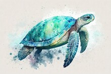 Watercolor Depicting A Bright Sea Turtle In A Turquoise Ocean. Generative AI
