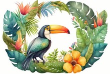 Tropical Leaves Frame A Toucan Bird. This Is A Watercolor Painting. Generative AI