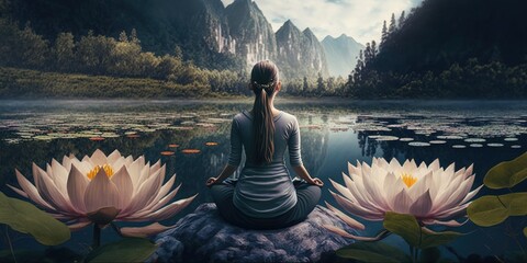 Back view of a Girl sitting in a lotus pose doing yoga in the morning in front of beautiful nature