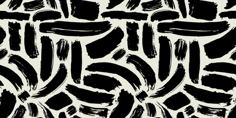 Black and white abstract brush stroke painting seamless pattern illustration. Modern paint line background in monochrome color. Messy graffiti sketch wallpaper print, rough hand drawn texture.