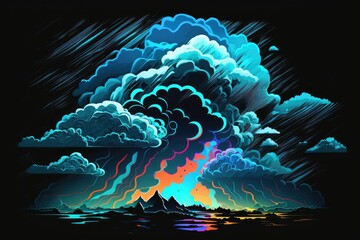 Poster - precipitation, in the form of a dramatic black cloud and thunderstorm, is accompanied by a darkening