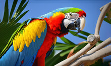  A Colorful Parrot Perched On Top Of A Tree Branch Next To A Blue Sky And Palm Tree Branch With A Green And Red Parrot On It's Head.  Generative Ai