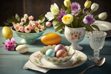 Fototapeta Tulipany - Easter celebration table, Easter eggs and flowers, pastel color table setting close up. Generative AI