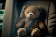 Teddy bear seatbelt in the car. Traveling safety concept. Generative AI