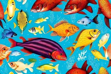 Wall Mural - Watercolor Illustration of aquarium Fish pattern Wallpaper black Vintage Painting. Generative AI