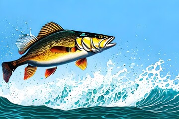 Wall Mural - Watercolor Illustration of bass fish jumping out of river water made by. Generative AI