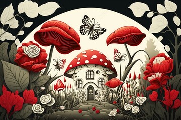 Poster - stunning natural setting with roses, butterflies, and red and white mushrooms. artwork for the story of Alice in Wonderland. Generative AI