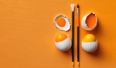 an orange background with eggs, a pencil, and an egg shell with a hole in the middle of the egg shel