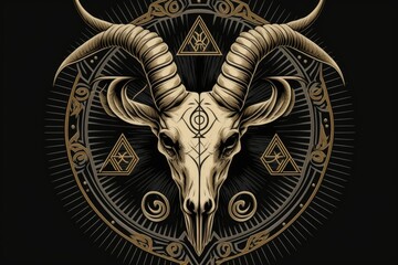 Wall Mural - Sacred geometric symbol and goat skull on a vintage black background. Nonsensical mystical symbol. The form is straight and gold in color. Generative AI