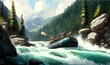  a painting of a raft going down a river with mountains in the background and trees on either side of the river, and a man on the front of the raft.  generative ai