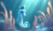  A Seahorse Is Swimming In The Ocean Water With Corals And Algaes On The Bottom Of The Water And Under The Water Surface.  Generative Ai