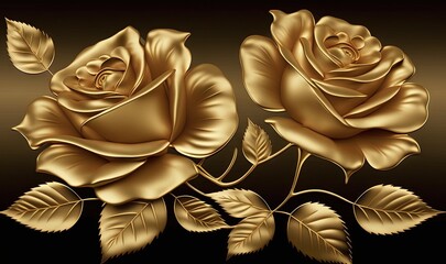  two gold roses with leaves on a black background with a gold background and a black background with a gold rose and leaves on a black background.  generative ai