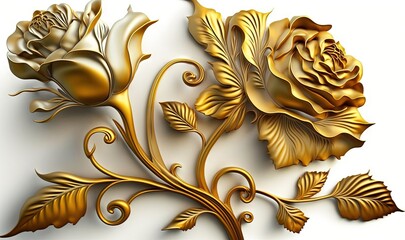  a golden rose with leaves on a white background with a white backgrounnd with a gold border and a white backgrounnd with a gold border.  generative ai