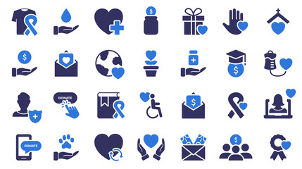 Charity and Donation Silhouette Icons Set. Giving help, Donating Money, Clothing, Food, Medicines and Love for People. Volunteering, Charity and Helping concept. Vector Isolated Illustration