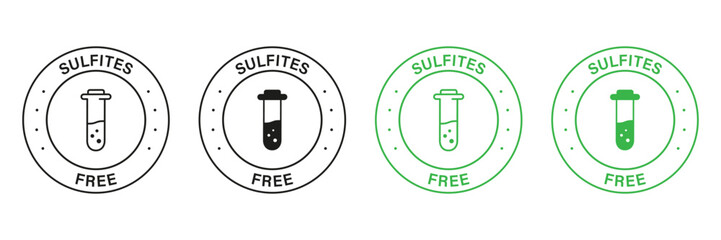 Sulfites Free Green and Black Stamp Set. No Sulphites Label. Product without Sulfate Symbol. Natural Ingredients Sign. Glass Flask, Test Tube, No Chemical in Food Logo. Isolated Vector Illustration