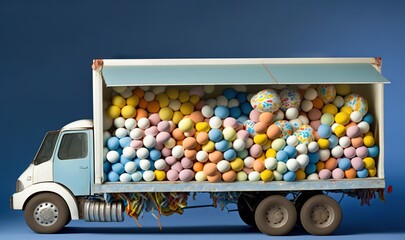  a truck with balloons in the back of it on a blue background with a blue sky in the back of the truck and a blue sky in the background.  generative ai