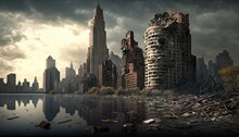 Panoramic View Of The Destroyed Skyscrapers After A Major Earthquake. Generative Ai