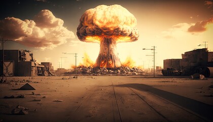 Poster - Big explosion of nuclear bomb with smoke on the background Generative Ai
