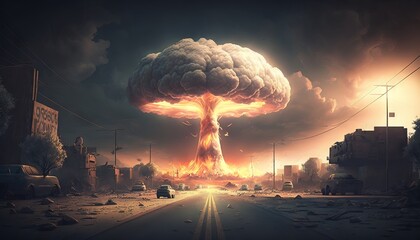 Poster - Nuclear explosion in the city at night. Generative Ai