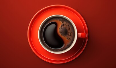 Wall Mural -  a cup of coffee on a saucer on a red background with a black swirl in the middle of the cup and a red saucer in the middle of the cup.  generative ai