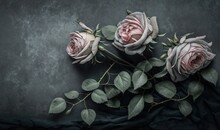  Three Pink Roses With Green Leaves On A Black Background With A Gray Background And A Black Background With A Gray Background And A Black Background With A White Border.  Generative Ai