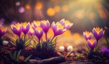  A Group Of Purple Flowers Sitting On Top Of A Dirt Ground Next To Grass And Rocks With Sunlight Shining Through The Leaves Of The Flowers.  Generative Ai