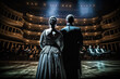 © Supermelon - Generative Illustration AI of a couple of opera singers looking at the audience in the opera house dressed in elegant clothes