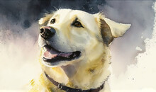  A Painting Of A Yellow Dog With A Black Collar And A White Face And A Black Collar And A White Background With A Black Spot.  Generative Ai