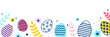 Colourful Easter eggs and flowers on transparent background. Modern design. Bannner. PNG illustration