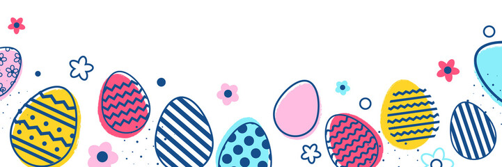Wall Mural - Easter eggs and flowers on transparent background. Modern cartoon style. Panoramic header. PNG illustration
