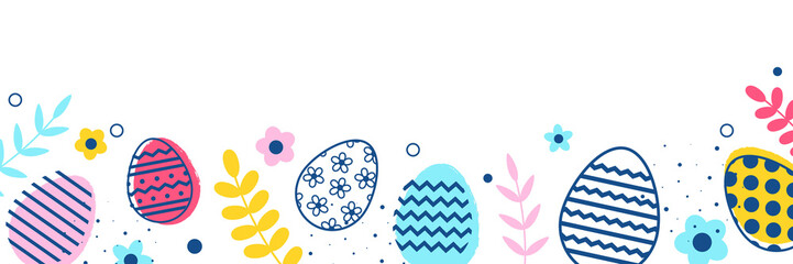 colourful easter eggs and flowers on transparent background. modern design. bannner. png illustratio