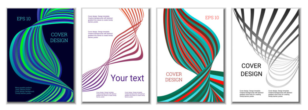 A set of 4 abstract covers. Wavy parallel gradient lines, ribbons evolve. Cover design, background. Trendy banner, poster.