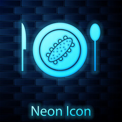 Poster - Glowing neon Served cucumber on a plate icon isolated on brick wall background. Marine food. Vector.