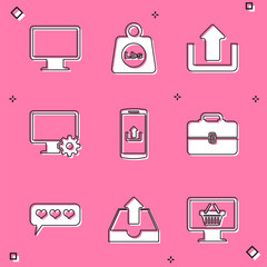 Poster - Set Computer monitor screen, Weight pounds, Upload, and gear, Smartphone with upload and Toolbox icon. Vector