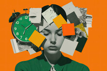 Young Woman With Chaos Around Her Head From Documents And Watches, The Concept Of Time Management, Chronic Fatigue And Overwork, Contemporary Art Collage, Modern Design, Generative AI