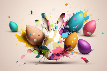 Wall Mural - Rabbit tore a hole in a paper background, jumps out of a hole in a blue wall, fluffy eared rabbit, easter bunny banner, rabbit jumps out of a torn hole, Generative AI
