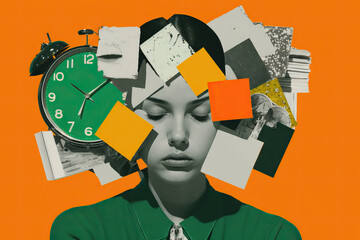 Young woman with chaos around her head from documents and watches, the concept of time management, chronic fatigue and overwork, contemporary art collage, modern design, Generative AI