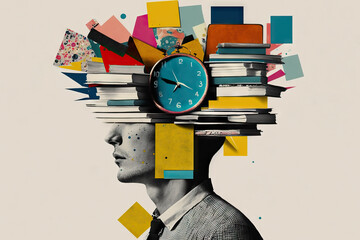 tired man with a stack of books, chaos of papers and clock on his head, concept of time management, 