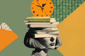 tired woman with a stack of books, chaos of papers and clock on his head, concept of time management