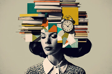 tired woman with a stack of books, chaos of papers and clock on his head, concept of time management