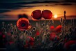 Red Poppies In The Field In The Sunset. Generative AI