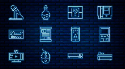 Poster - Set line Video game console, Retro arcade machine, Mystery or random box, Game guide, Create account screen, Microphone, Mobile playing and Bottle with magic elixir icon. Vector
