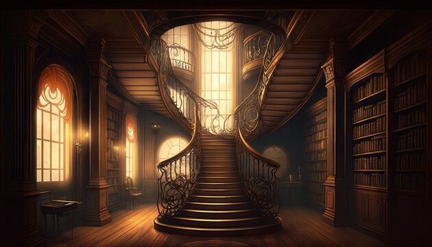 generative ai of an old castle interior with a staircase and a bookcase