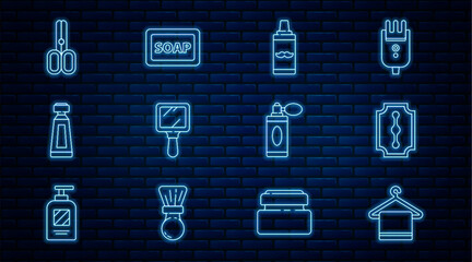 Sticker - Set line Towel on a hanger, Blade razor, Shaving gel foam, Hand mirror, Cream lotion cosmetic tube, Scissors hairdresser, Aftershave bottle with atomizer and Bar of soap icon. Vector