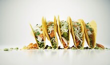  A Group Of Tacos With Shredded Cheese And Vegetables On Top Of Them On A White Surface With A White Background And A White Backdrop.  Generative Ai