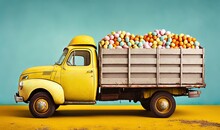  An Old Yellow Truck With A Load Of Eggs On The Back Of It's Cab, Against A Blue Background, Is Parked On A Yellow Surface.  Generative Ai